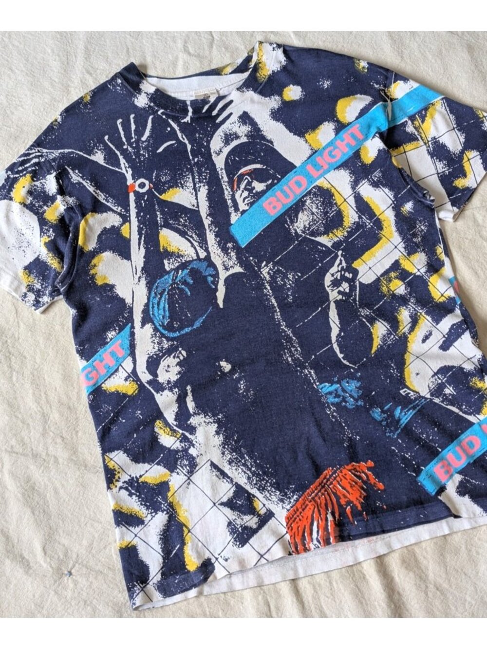 Vintage Bud Light 90s AOP Print Volley Ball Single Stitch Tee LG Sandbags Cotton